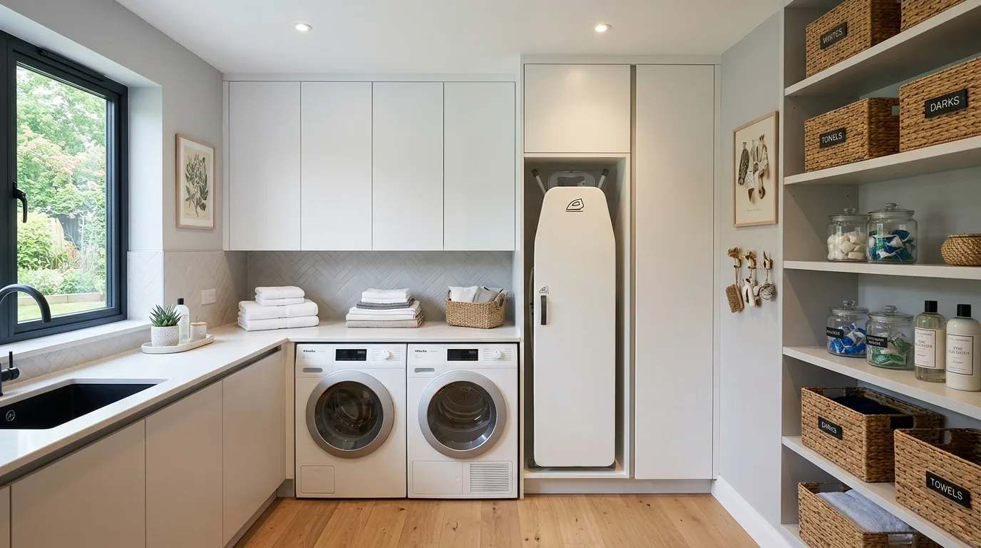 Add warmth through wood or woven texture inspiration for a laundry room.